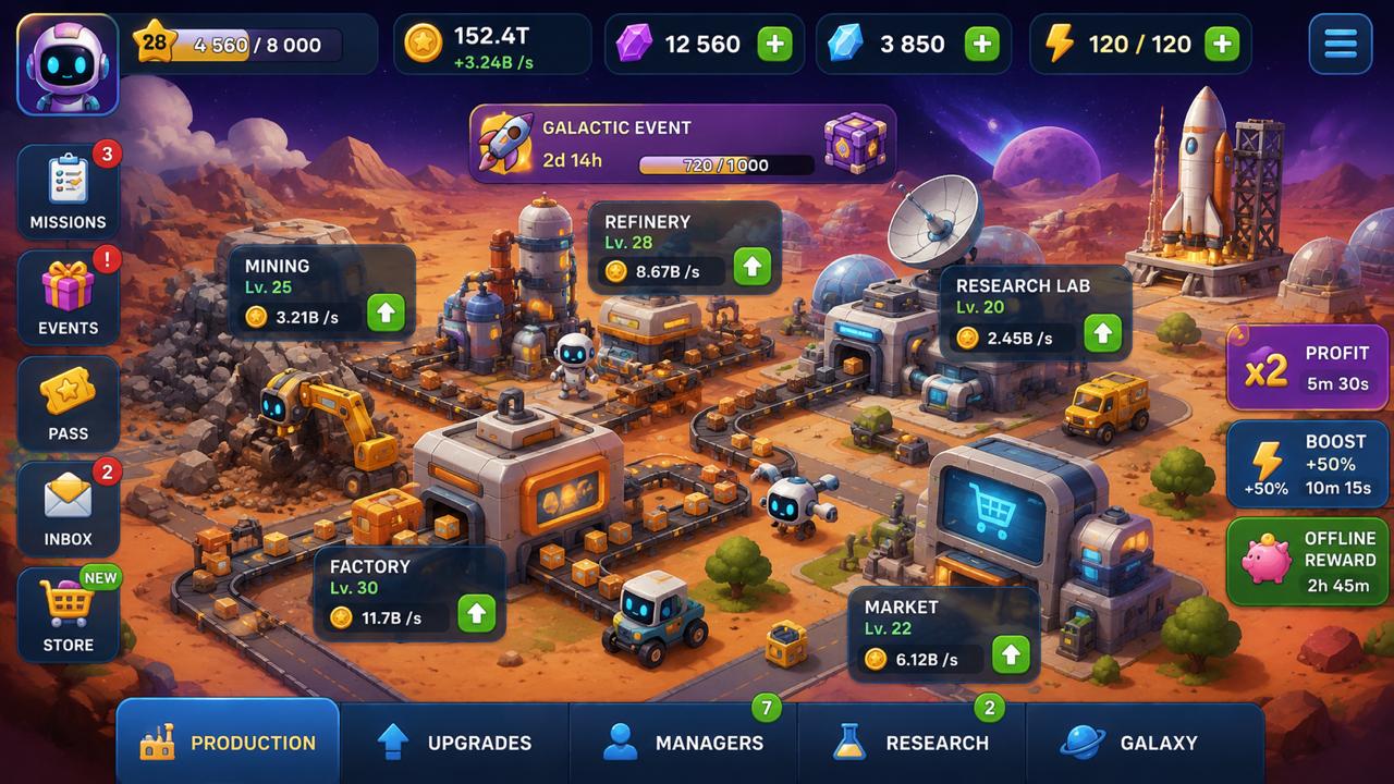 Стилизованный экран idle-симулятора космической колонии